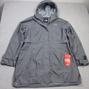 The North Face Rain Trench Coat Womens L Gray Hooded Waterproof Mid-Length Lined
